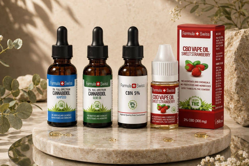 Formula Swiss 5 % CBD aliejai kanapių sėklų ir alyvuogių aliejuje, CBN aliejus 5 % ir braškių skonio CBD vape aliejus ant marmurinio stovo