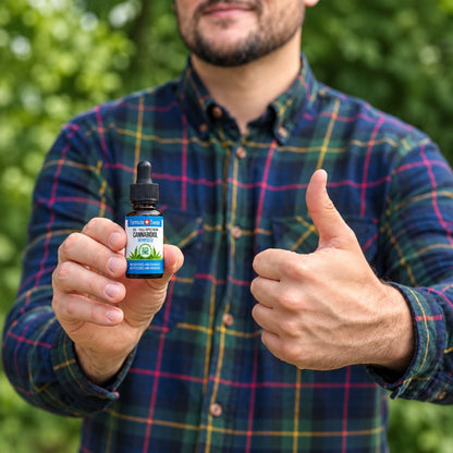Žmogus laiko Formula Swiss CBD aliejaus su kanapių sėklų aliejumi buteliuką ir iškėlęs nykštį