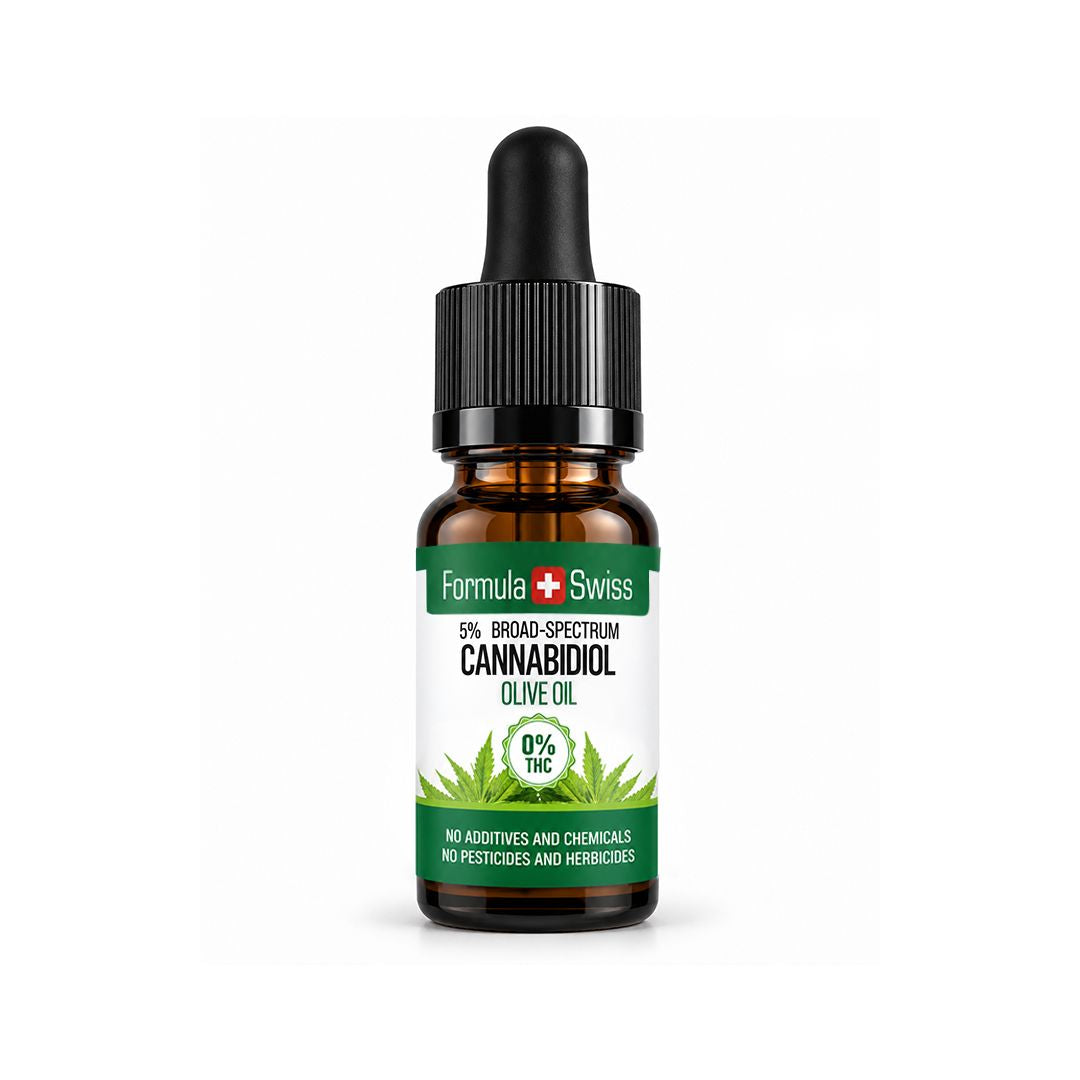 Formula Swiss CBD aliejus su alyvuogių aliejumi, 0 % THC, gintarinio stiklo buteliukas šviesiai pilkame fone