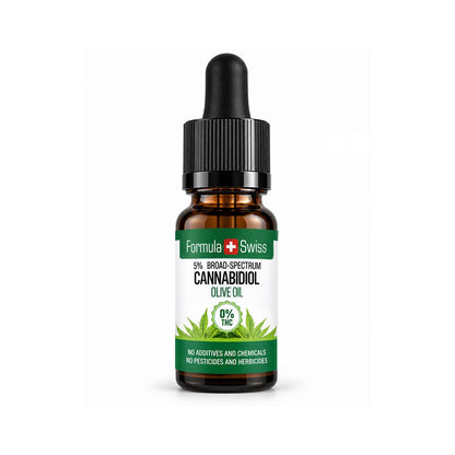 Formula Swiss CBD aliejus su alyvuogių aliejumi, 0 % THC, gintarinio stiklo buteliukas šviesiai pilkame fone