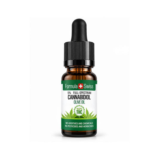 Formula Swiss CBD aliejus su alyvuogių aliejumi, <0,2 % THC, gintarinio stiklo buteliukas šviesiai pilkame fone