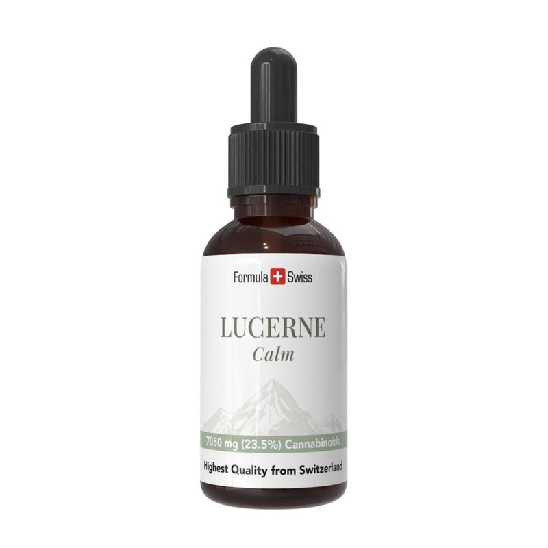 Lucerne Calm buteliukas su Formula Swiss prekės ženklu baltame fone