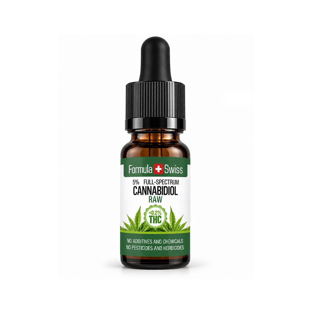 Formula Swiss 5 % viso spektro RAW CBD aliejus, 10 ml gintarinio stiklo buteliukas su balta ir žalia etikete
