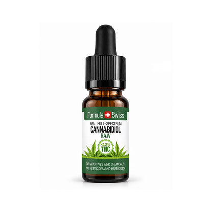 Formula Swiss 5 % viso spektro RAW CBD aliejus, 10 ml gintarinio stiklo buteliukas su balta ir žalia etikete