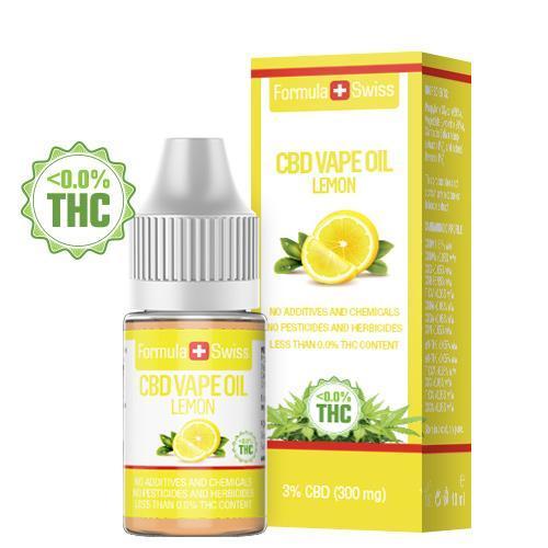 Formula Swiss citrinų skonio CBD garinimo aliejus, 3 % CBD (300 mg), 10 ml buteliukas ir dėžutė