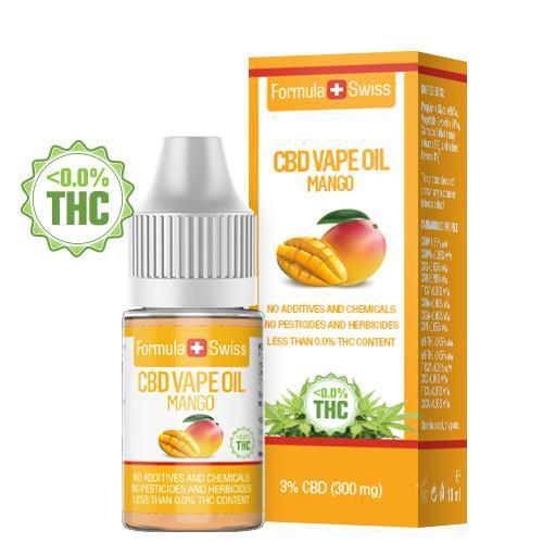 Formula Swiss mangų skonio CBD garinimo aliejus, 3 % CBD (300 mg), 10 ml buteliukas ir dėžutė