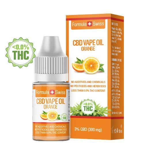 Formula Swiss apelsinų skonio CBD garinimo aliejus, 3 % CBD (300 mg), 10 ml buteliukas ir dėžutė