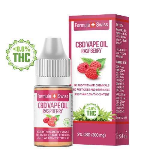 Formula Swiss aviečių skonio CBD garinimo aliejus, 3 % CBD (300 mg), 10 ml buteliukas ir dėžutė